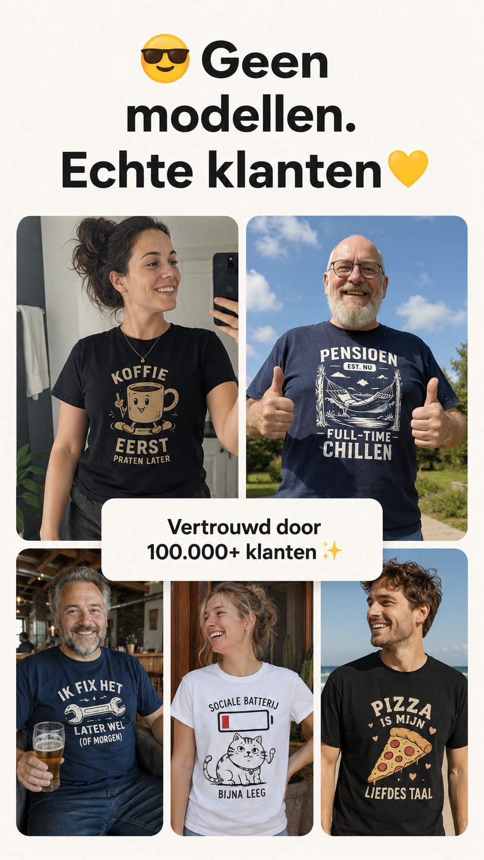 BaasWear echte klanten in bedrukte T-shirts