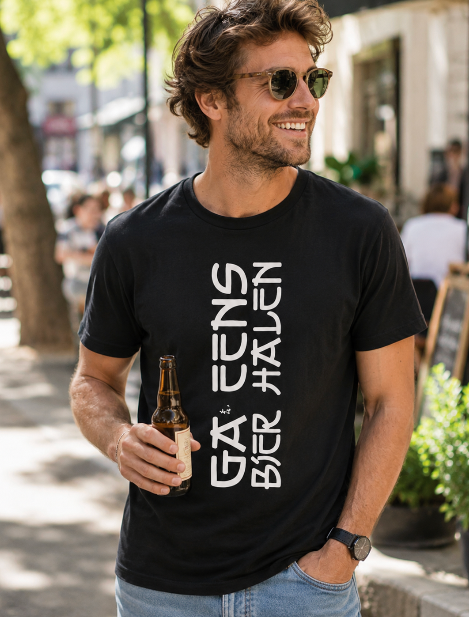 Man draagt zwart BaasWear T-shirt met tekst Ga eens bier halen