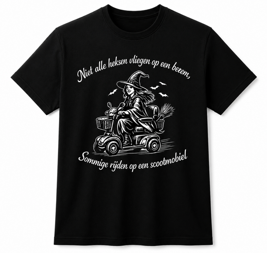 Zwart BaasWear T-shirt met Nederlandse heksen en scootmobiel opdruk