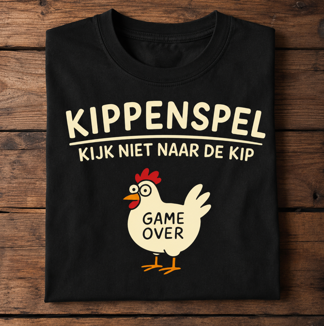Zwart BaasWear T-shirt met Kippenspel kijk niet naar de kip ontwerp