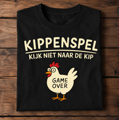 Zwart BaasWear T-shirt met Kippenspel kijk niet naar de kip ontwerp
