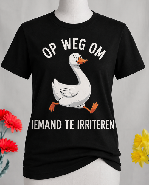 Zwart dames T-shirt met gans en tekst Op weg om iemand te irriteren